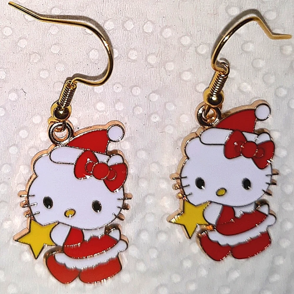 Hello Kitty Gold Star Earrings.Red Whte Gold Enamel stainless Ear wires NEW